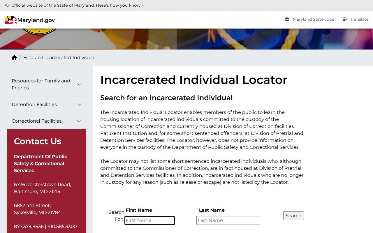 Kent County inmate search and DPSCS incarcerated individual locator