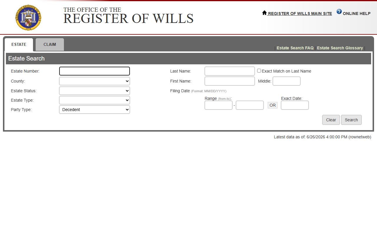Kent County probate records Estate Search form