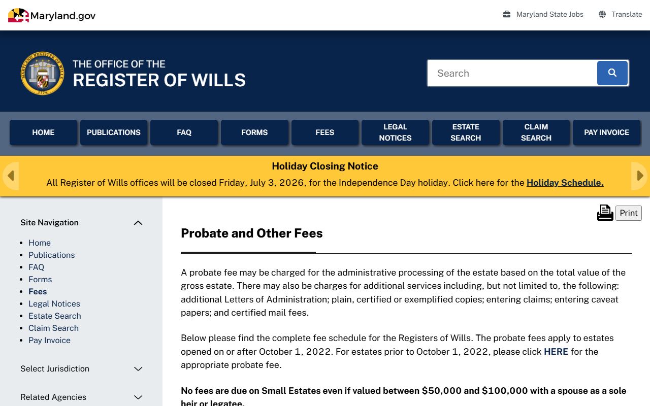 Kent County probate records Register of Wills fees